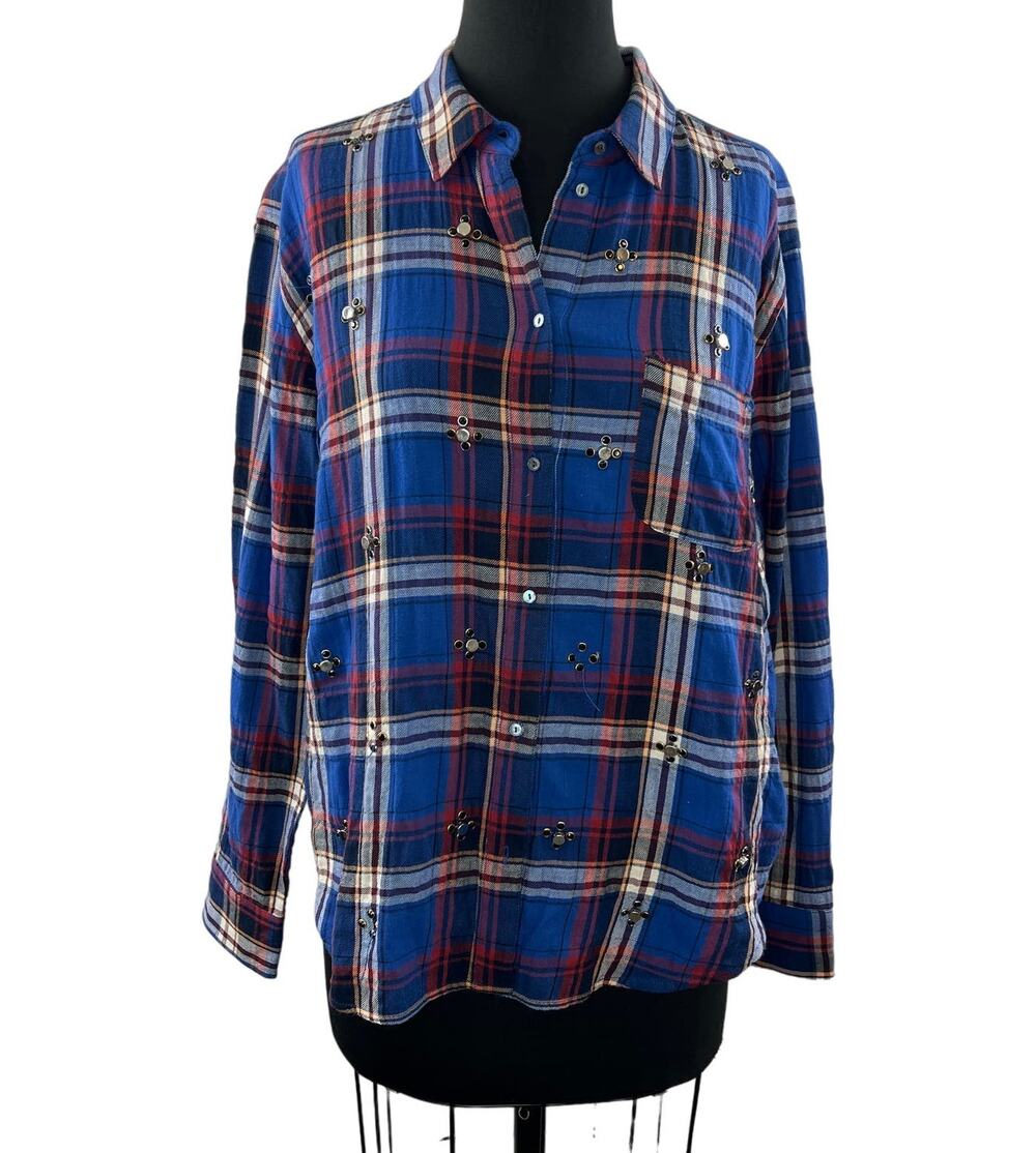 ELIZABETH & JAMES Blue Shirt Plaid Cotton Studded Stretch Collar Button-Up Sz 8